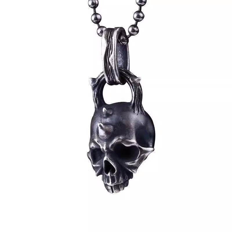 BikerStore Original Design S925 Pure Silver Skull Rose Pendant Necklace
