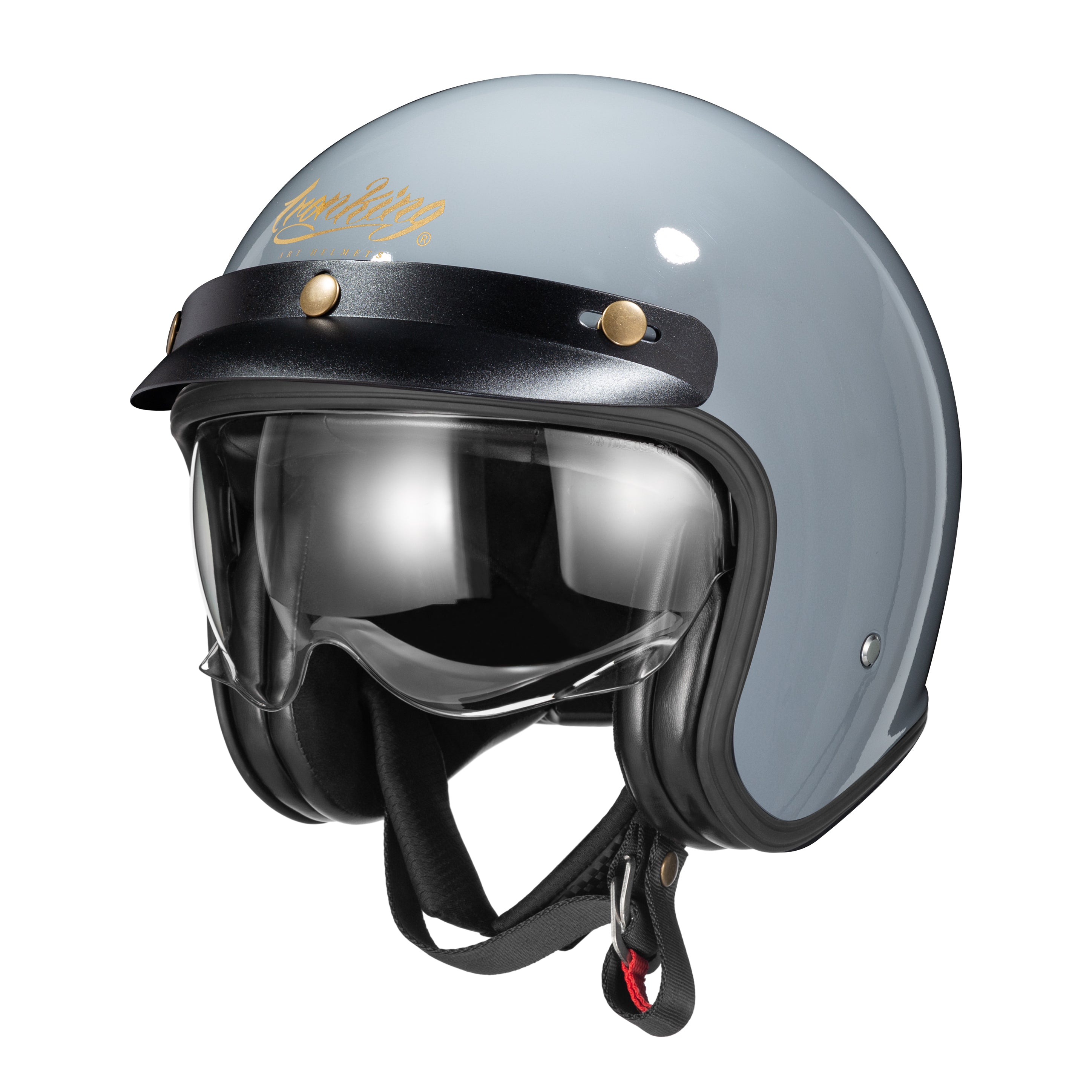 Ironking Helmets Classic Glossy Grey 3/4 Motorcycle Helmet with Built-in Windshield