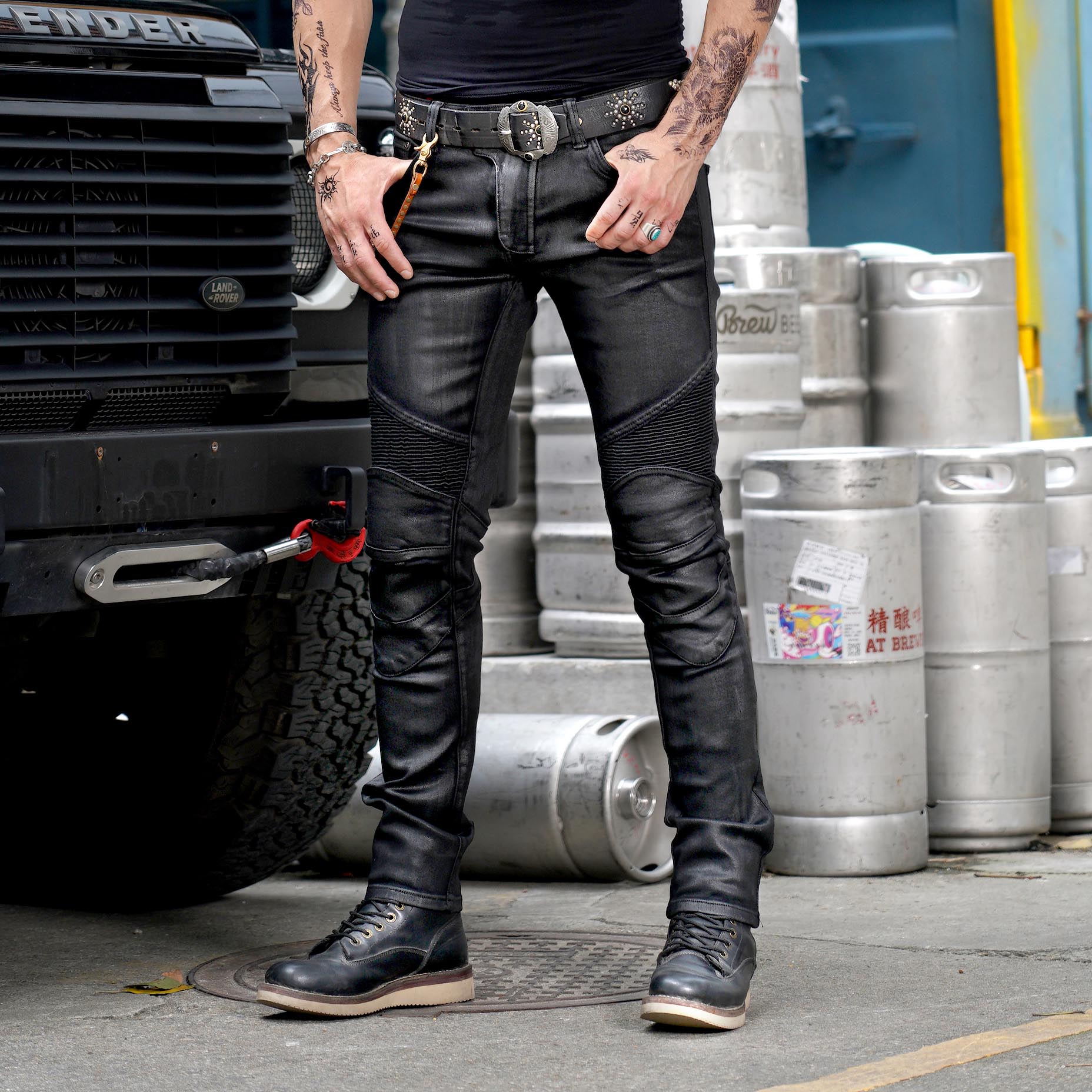 Mens Leather Moto Jeans Comfortable Riding Jeans Elastic Pleating