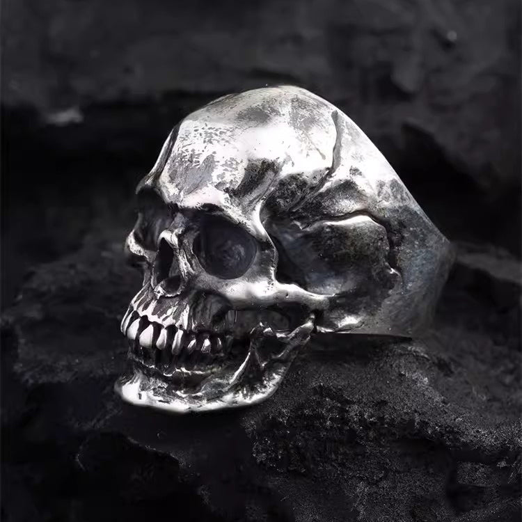 Vintage Distressed Style 925 Silver Handcrafted Skull Ring for Motorcycle Riders