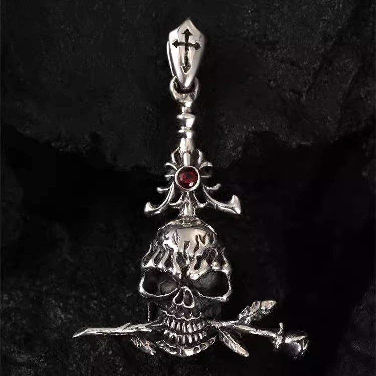 925 Sterling Silver Rose Skull Pendant, Handmade, Exclusive for Bikers