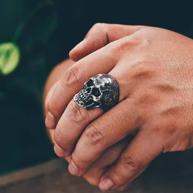 Vintage Distressed Style 925 Silver Handcrafted Skull Ring for Motorcycle Riders