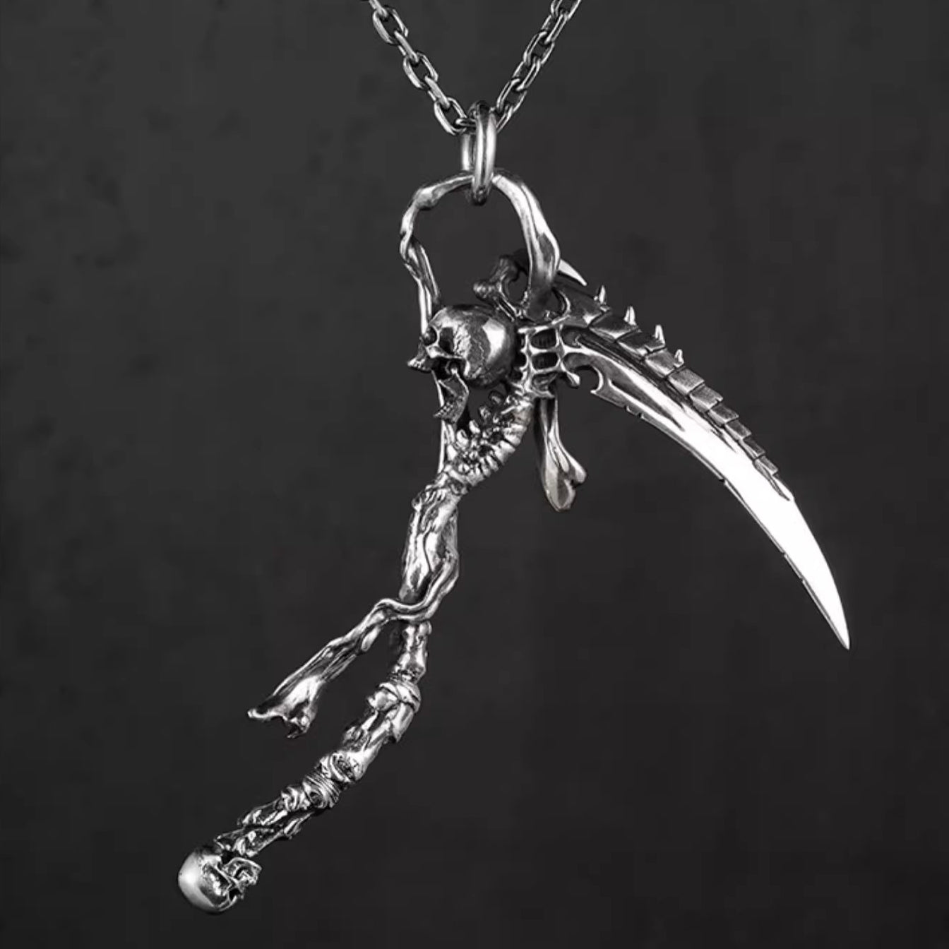 925 Sterling Silver Grim Reaper Scythe Pendant, Handmade, Perfect Accessory for Bikers