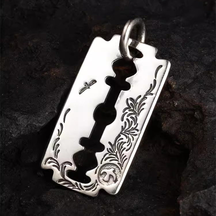 925 Sterling Silver Engraved Blade Pendant, Handmade, Exclusive for Bikers