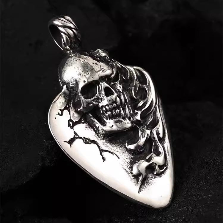 BikerStore 925 Silver Guitar Pick Skull Flame Pendant for Harley Riders