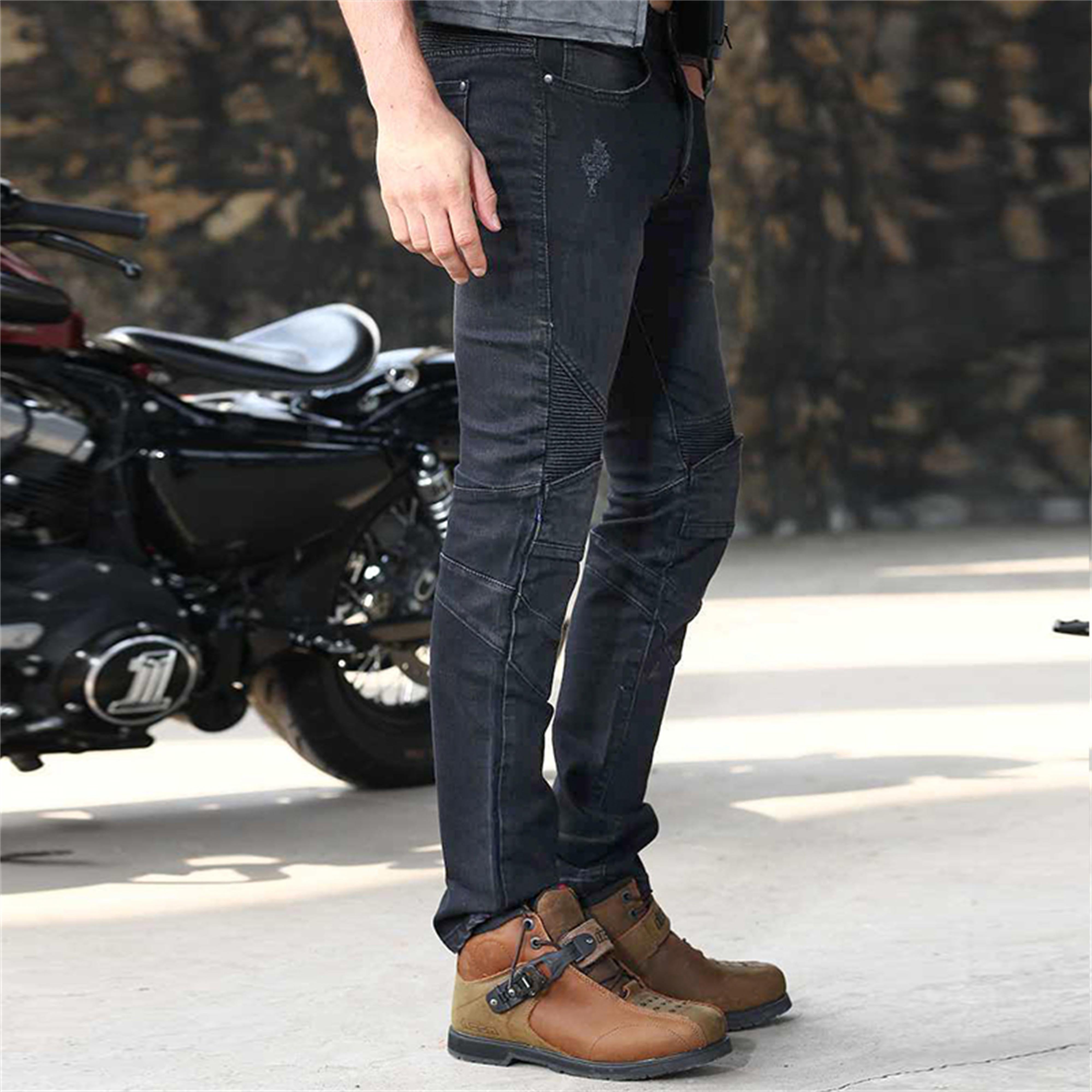 BikerStore Retro Motorcycle Riding Trousers - Denim Blue, Adjustable Knee Guards