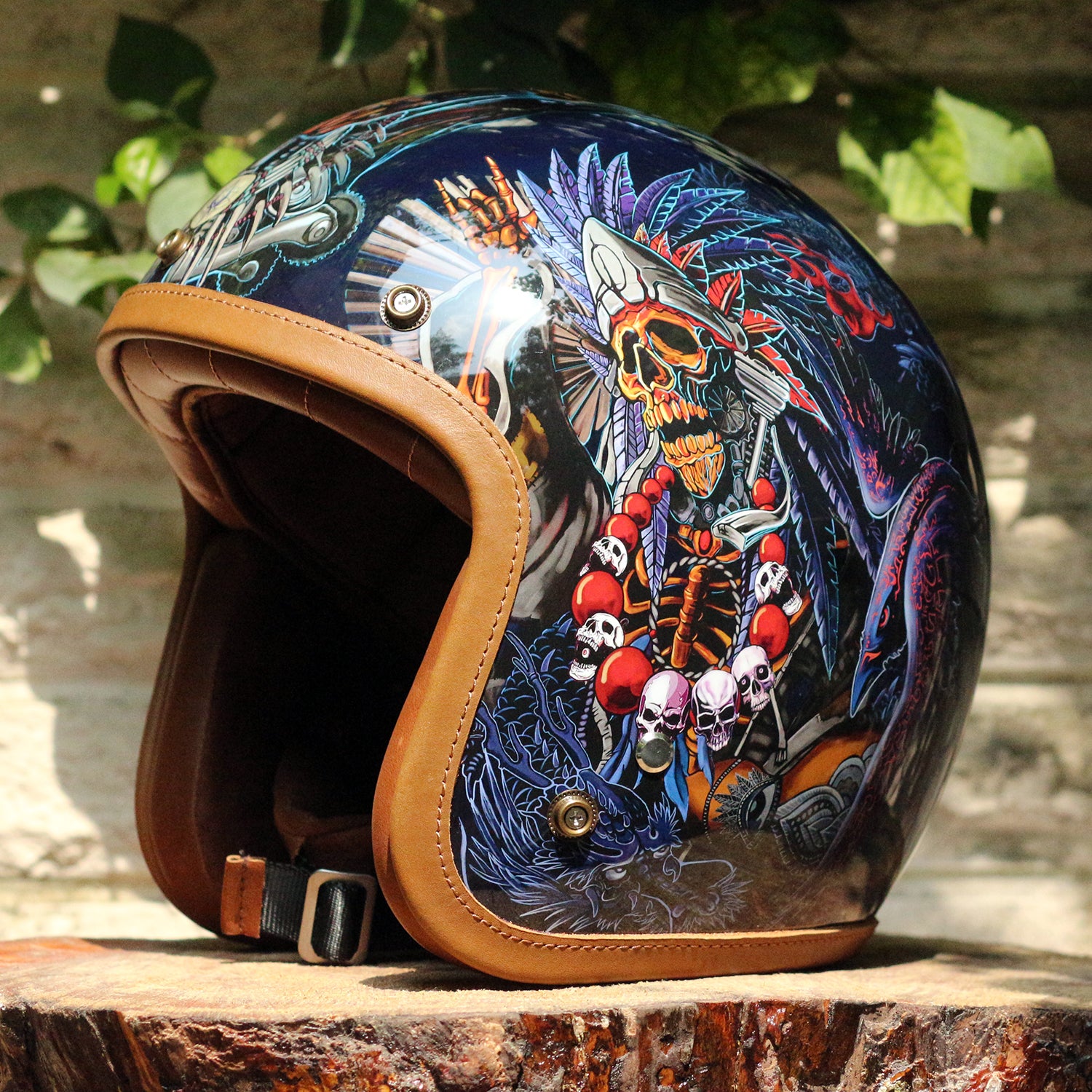 BikerStore-Ironking helmet: Handcrafted Retro 3/4 Motorcycle Helmet with Leather Trim and Custom Paint