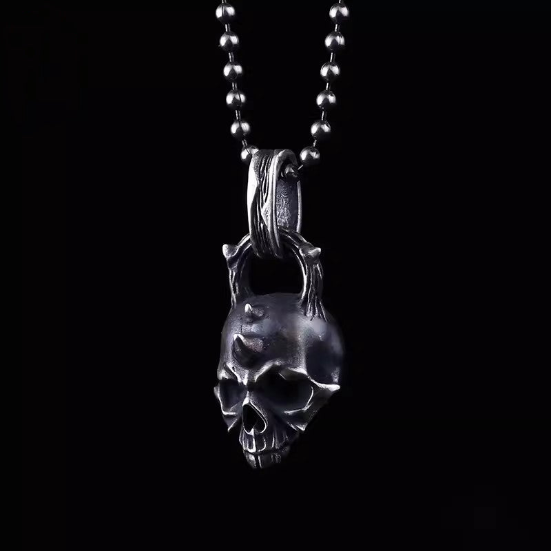 BikerStore Original Design S925 Pure Silver Skull Rose Pendant Necklace