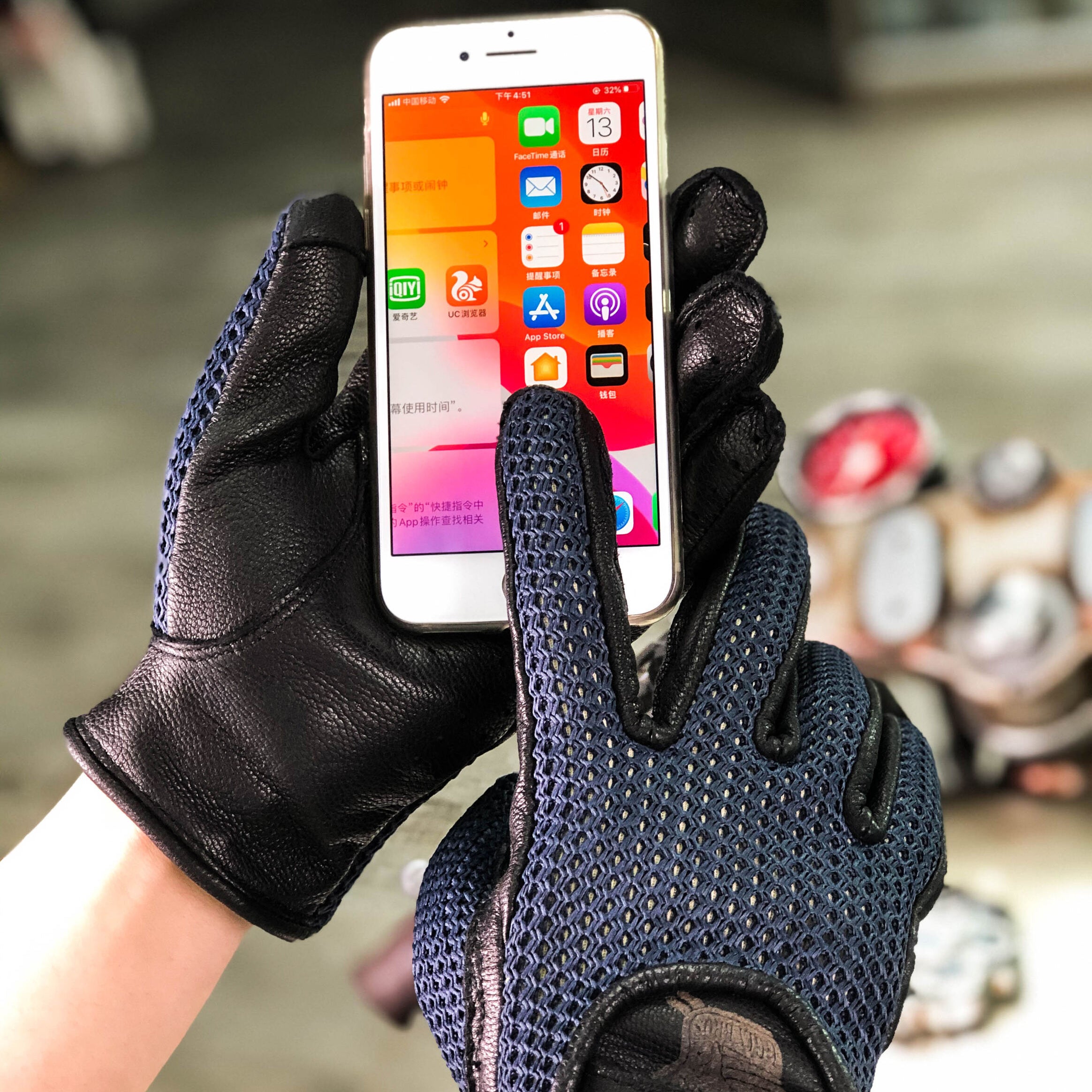 BikerStore Vintage Summer Motorcycle Gloves, Deer Leather + Mesh, Touchscreen, Malaysia Riders