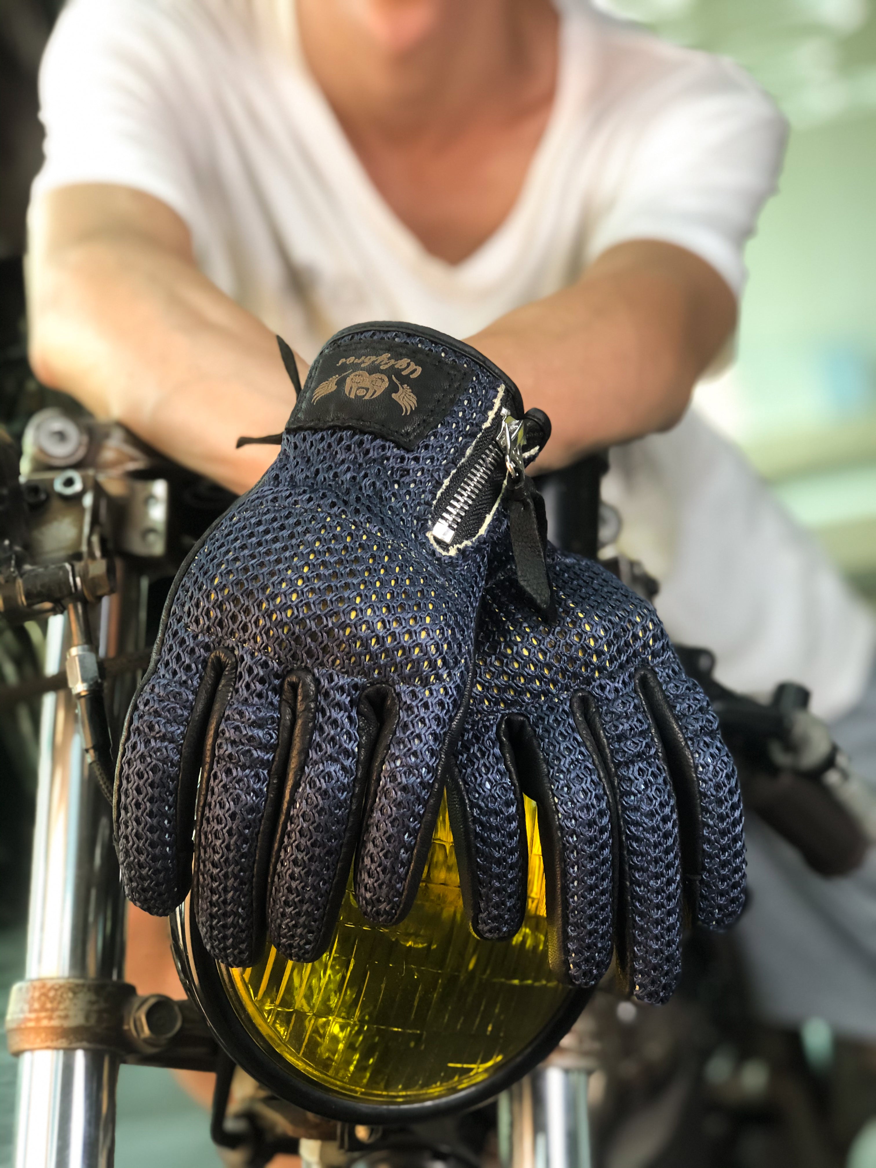 BikerStore Retro Summer Motorcycle Gloves Sheepskin and Mesh Built