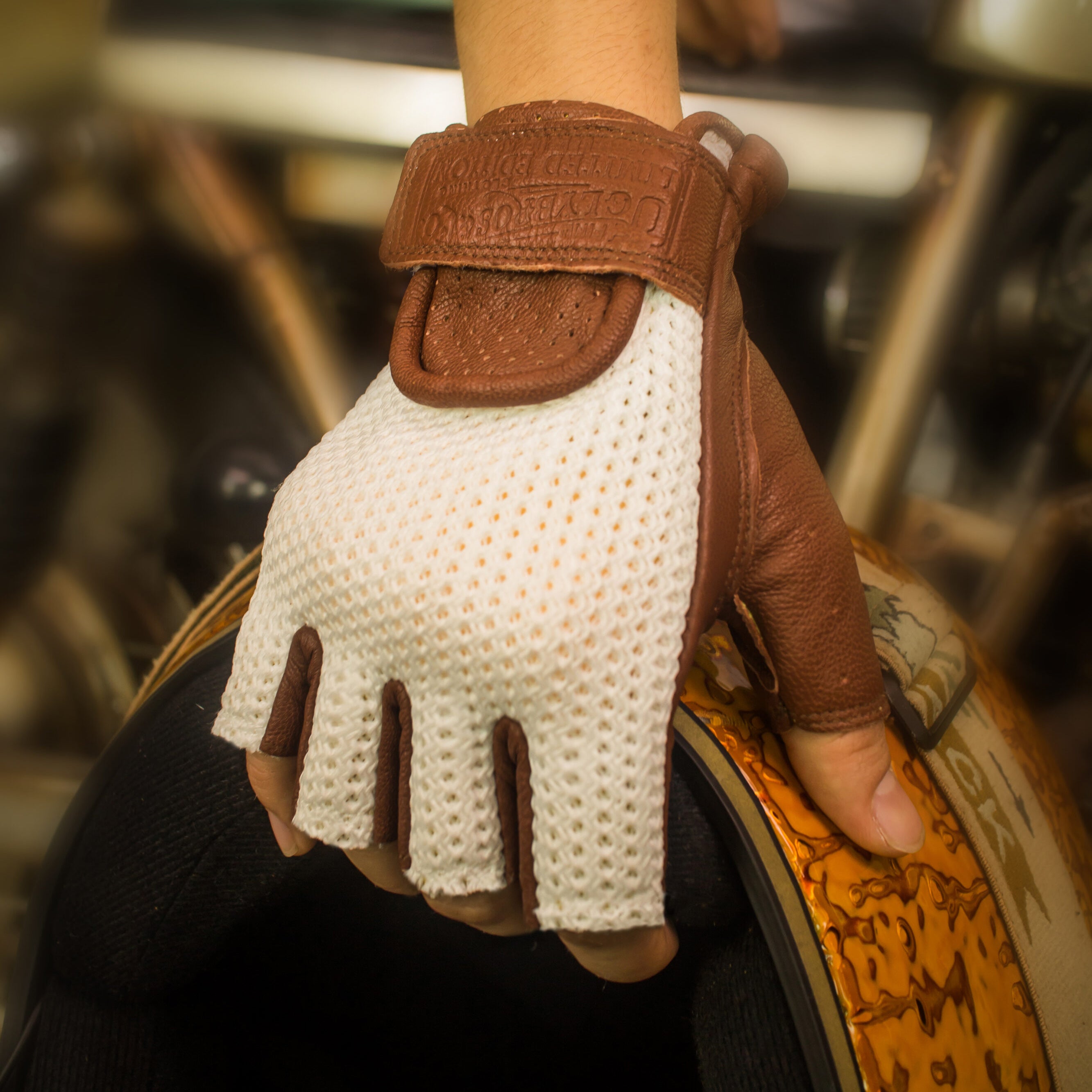 BikerStore Retro Summer Motorcycle Gloves - Sheepskin & Mesh, Memory Foam Knuckle Guards