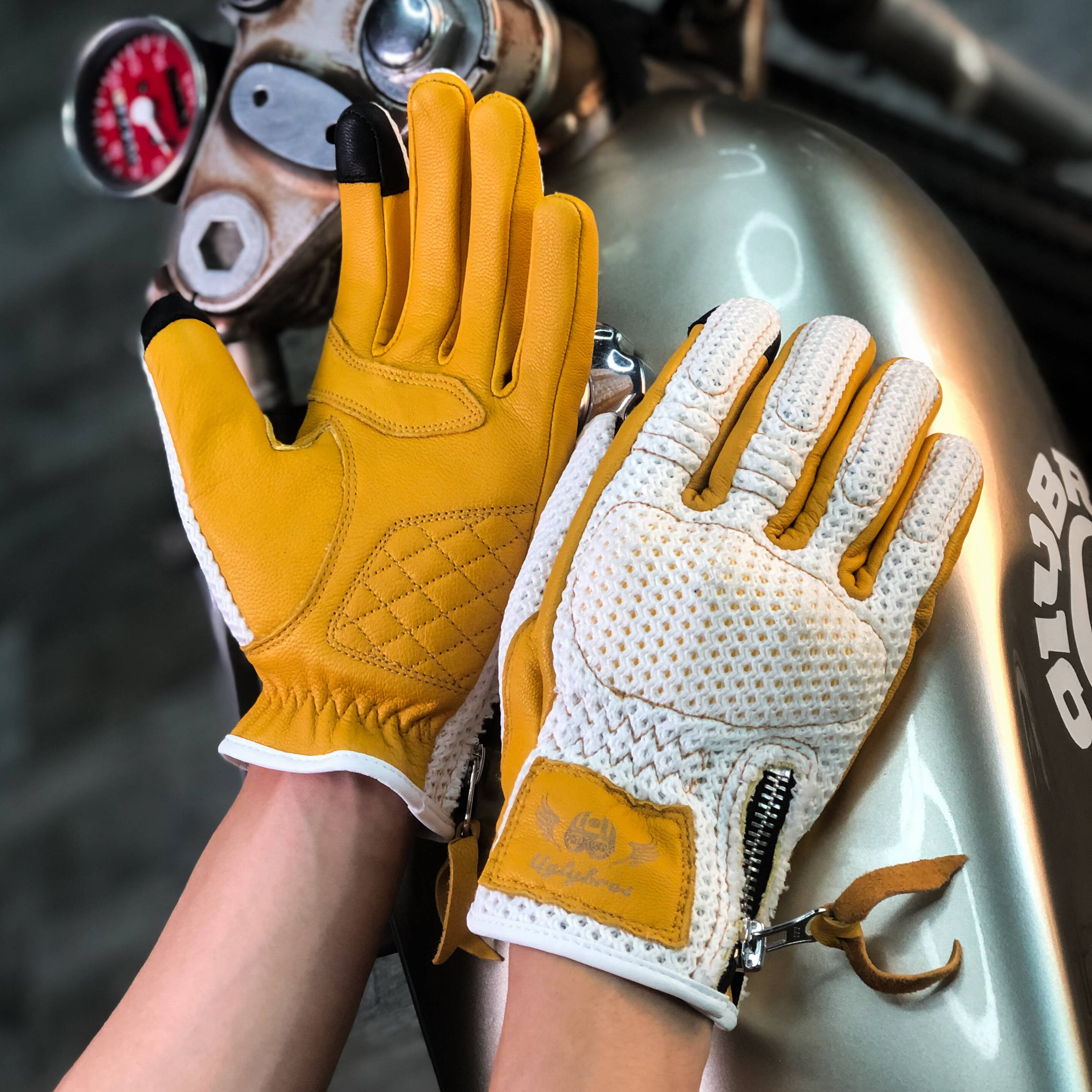 BikerStore Retro Summer Motorcycle Gloves - Sheepskin and Mesh, Built-in Soft Shell, Impact Resistant