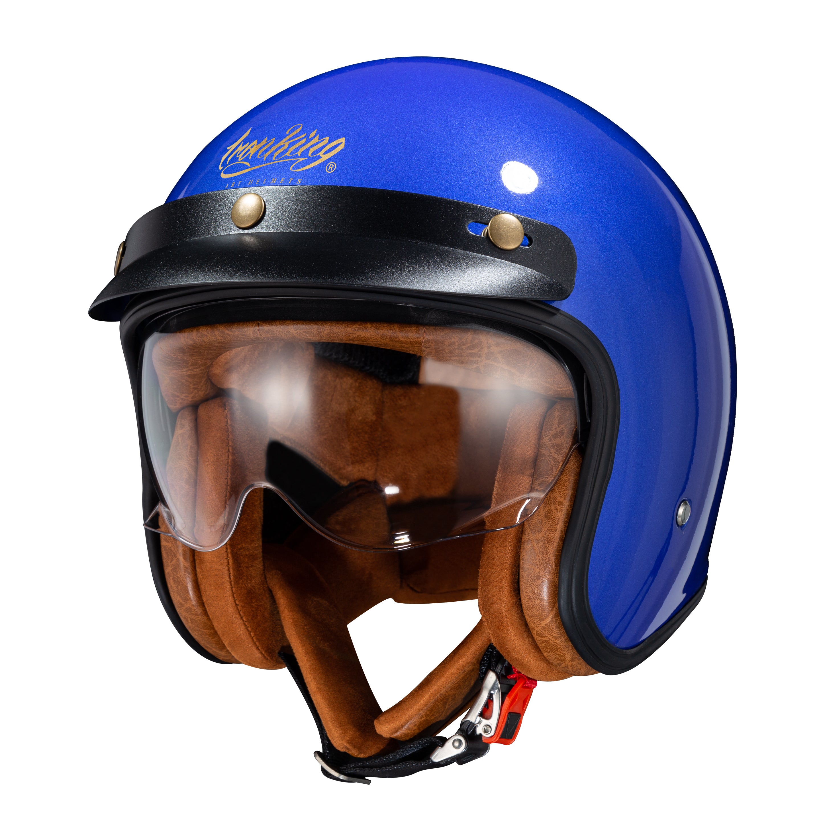 Ironking Helmet Retro Blue 3/4 Motorcycle Helmet with Built-in Visor