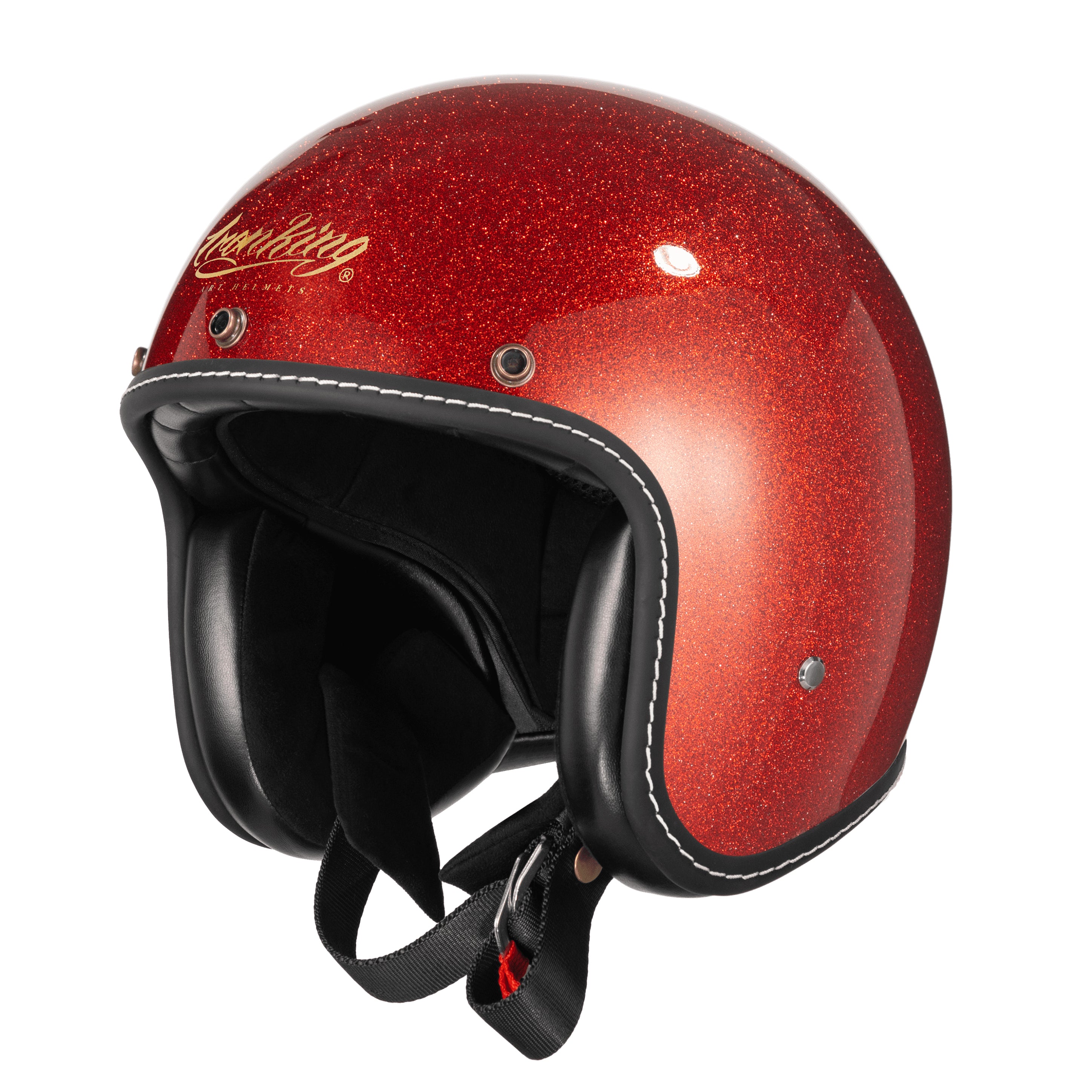 Timeless Classic: Gold Flake Pearl Red 3/4 Motorcycle Helmet XS(53-54cm) Yellow Lining