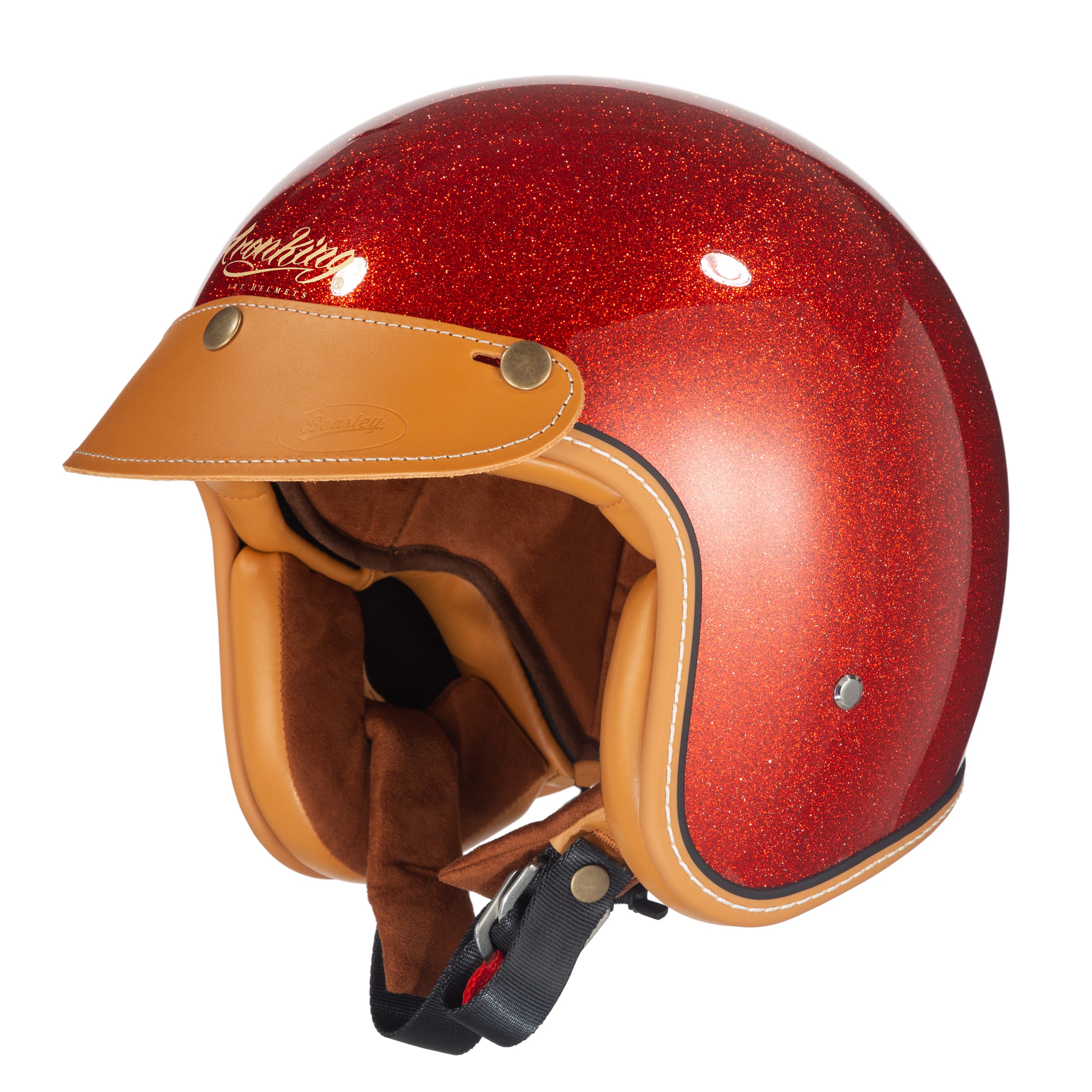 Timeless Classic: Gold Flake Pearl Red 3/4 Motorcycle Helmet