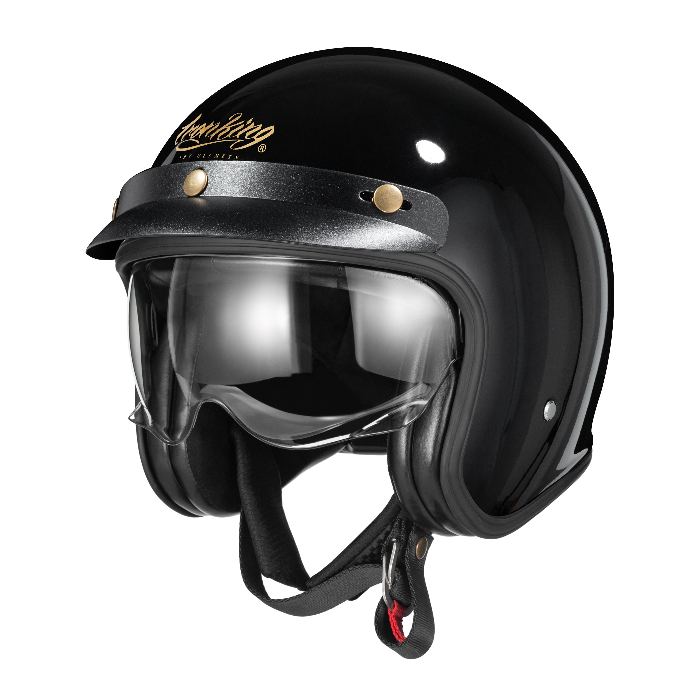 Ironking Helmet Classic Glossy Black 3/4 Motorcycle Helmet with Built-in Windshield