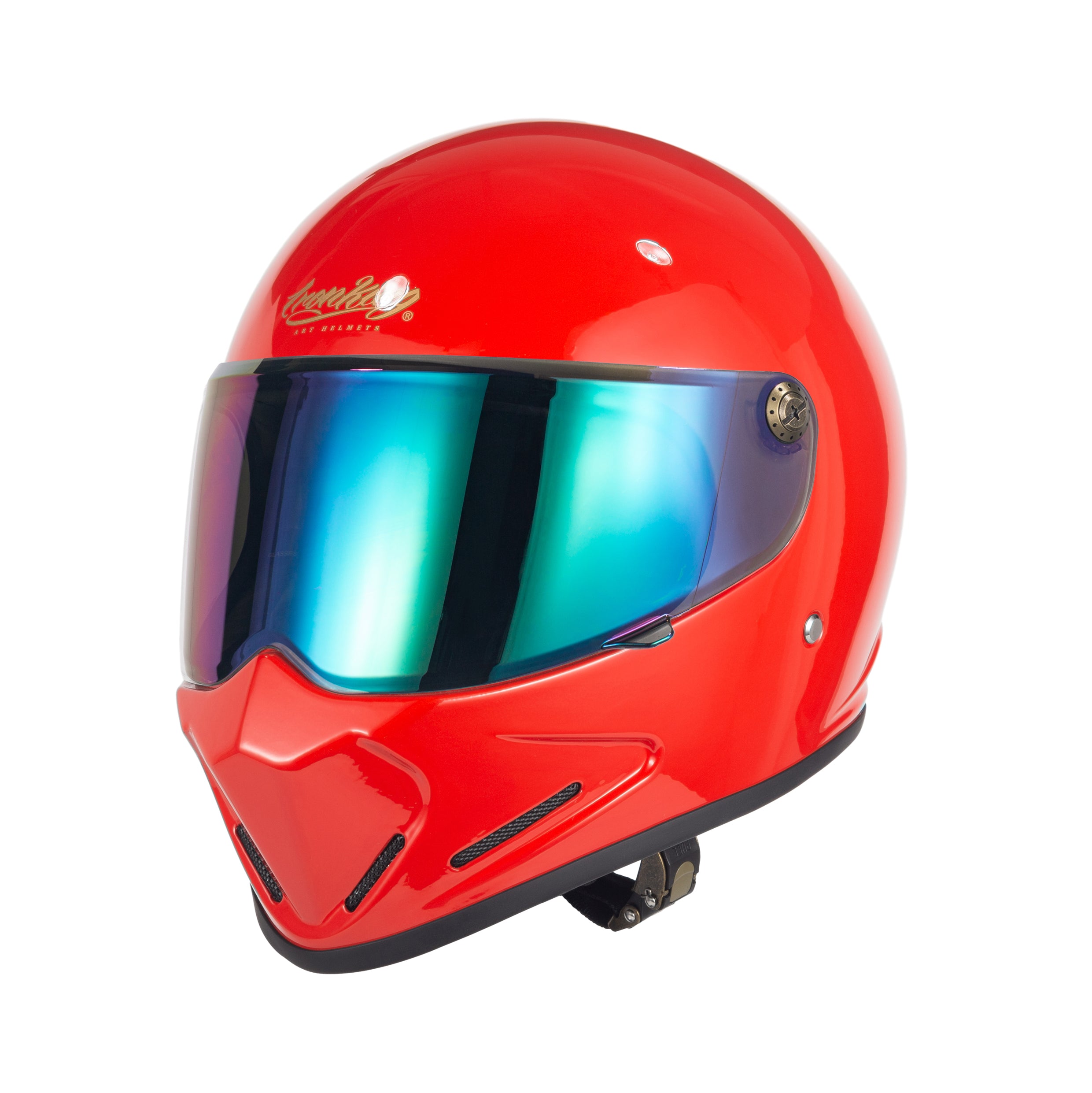 Ironking Helmet Retro Full Face Helmet - Lightweight Gloss Red Fiberglass, 5 Visor Options