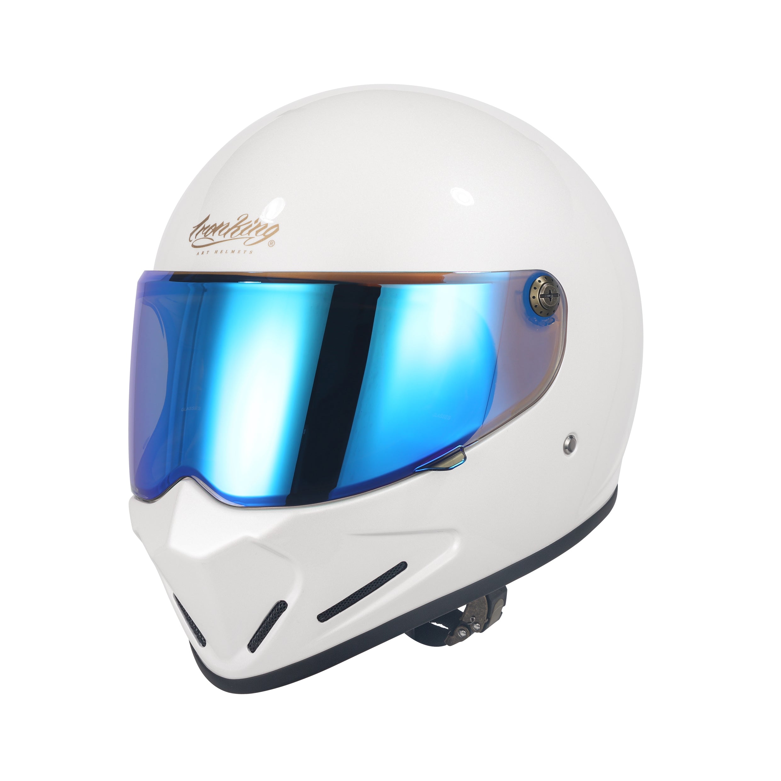 Ironking Helmet Retro Full Face Helmet - Lightweight Gloss White Fiberglass, 5 Visor Choices