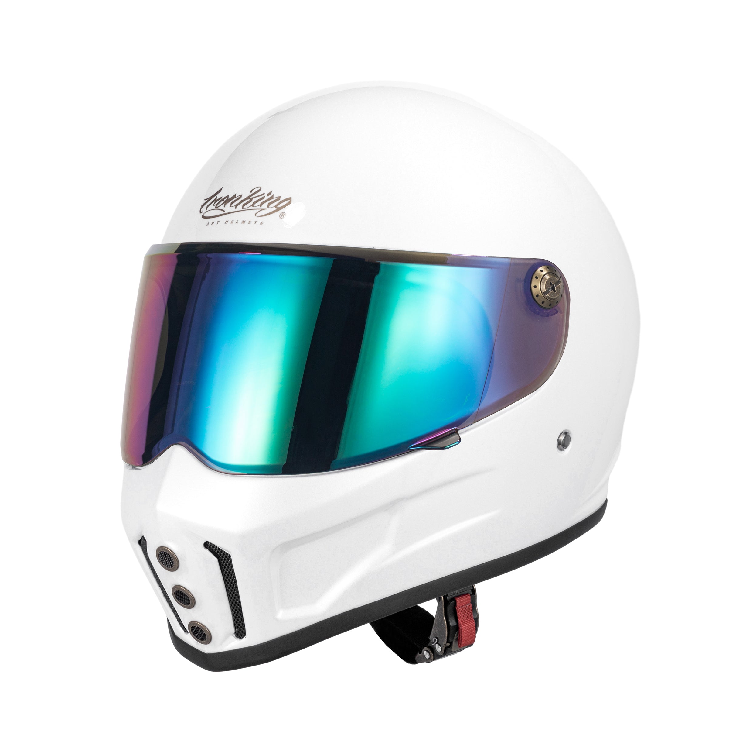 Ironking Helmet Retro Full Face Helmet - Lightweight Gloss White Fiberglass with 5 Visor Options