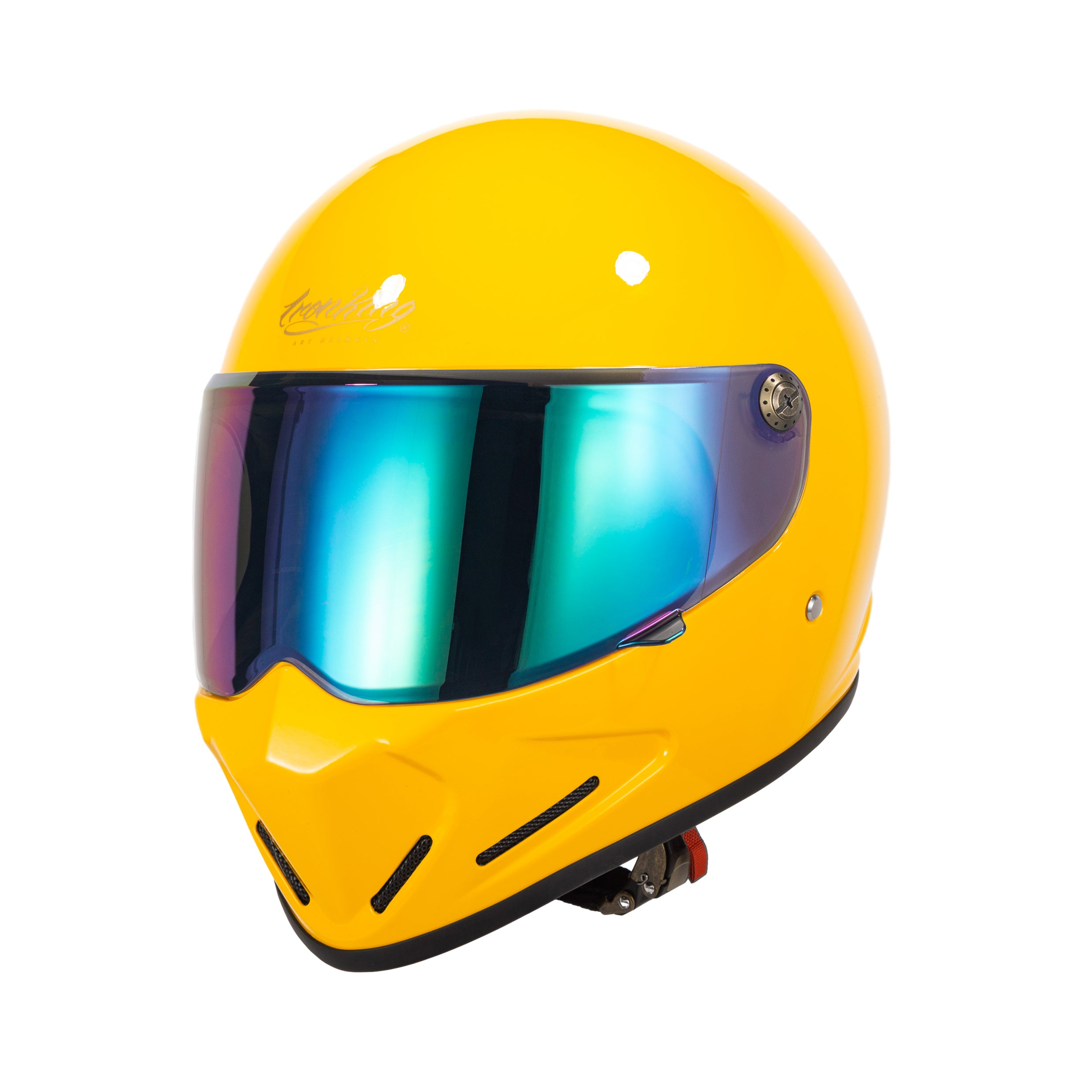 Ironking Helmet Full Face Retro Helmet - Gloss Yellow Fiberglass Lightweight, 5 Visor Options