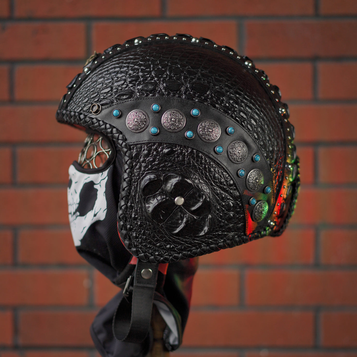 Ironking Helmet Custom Three-quarter Helmet - Fiberglass, Handcrafted Crocodile Leather