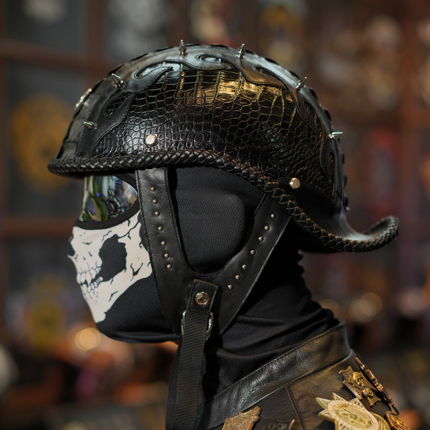 Ironking Helmet Personalized 1/2 Half Helmet - Handcrafted Crocodile Leather and Carbon Fiber