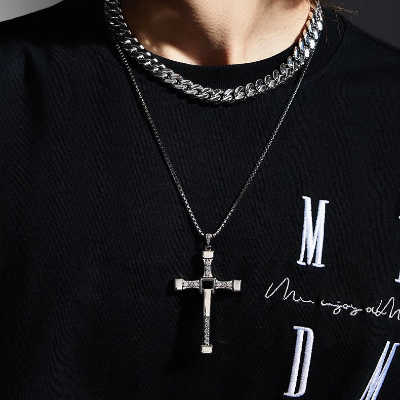 BikerStore Silver Cross Pendant Necklace with Synthetic Zircon