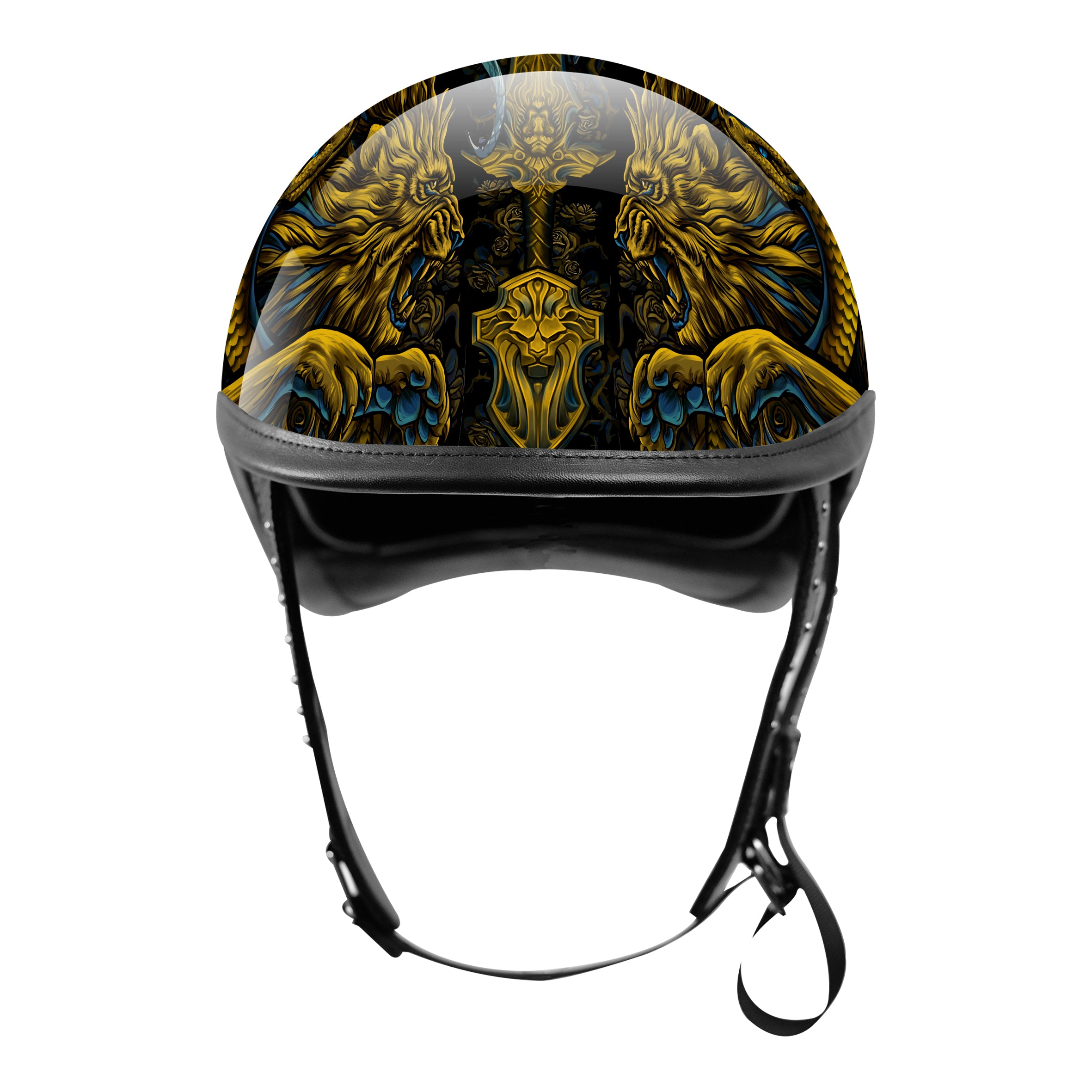 BikerStore Custom Painted Carbon Fiber Half Motorcycle Helmet with Leather Trim for Harley Bikers