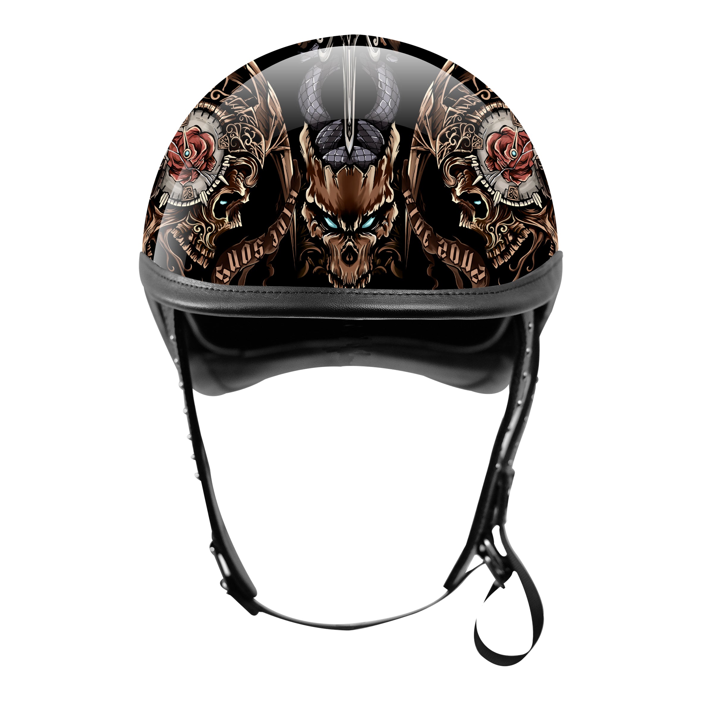 BikerStore Painted Carbon Fiber Half Helmet with Leather Trim for Harley Retro Riders