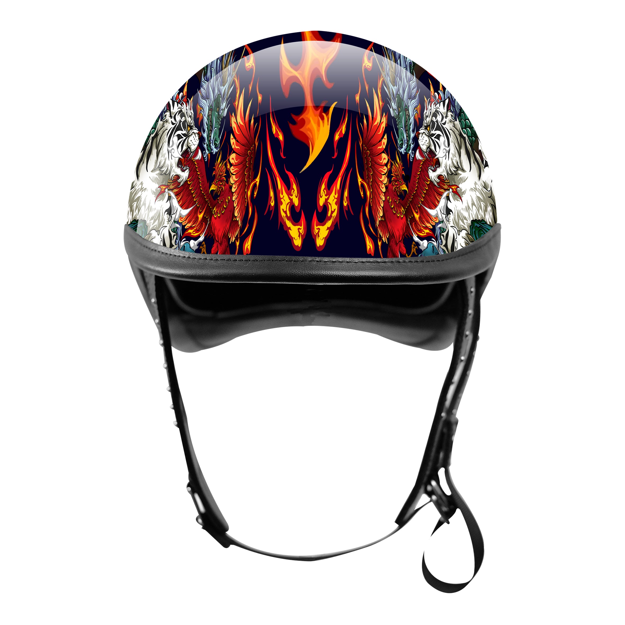 BikerStore Custom Painted Carbon Fiber Half Motorcycle Helmet with Leather Trim for Harley Motorcycle Riders