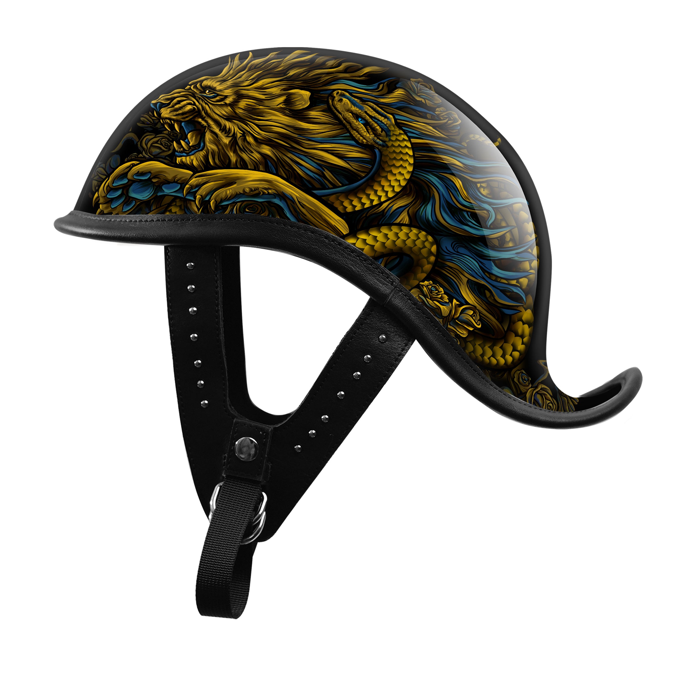 BikerStore Custom Painted Carbon Fiber Half Motorcycle Helmet with Leather Trim for Harley Bikers