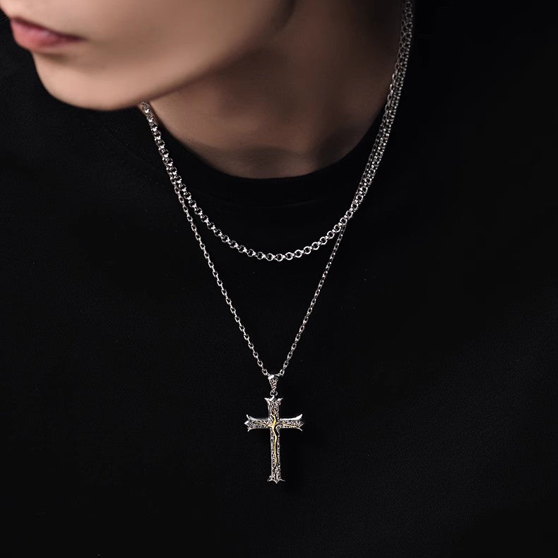 BikerStore Men's Sterling Silver & Brass Cross Necklace - Handcrafted for Harley Riders